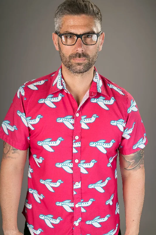 Savings Alert Pink White Aeroplane Print Cotton Slim Fit Mens Shirt Short Sleeve