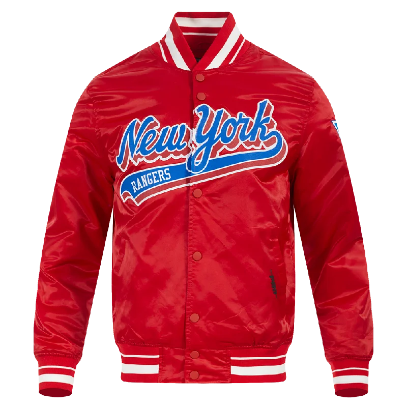 Deal Zone NHL NEW YORK RANGERS SCRIPT TAIL MEN'S SATIN JACKET (RED)