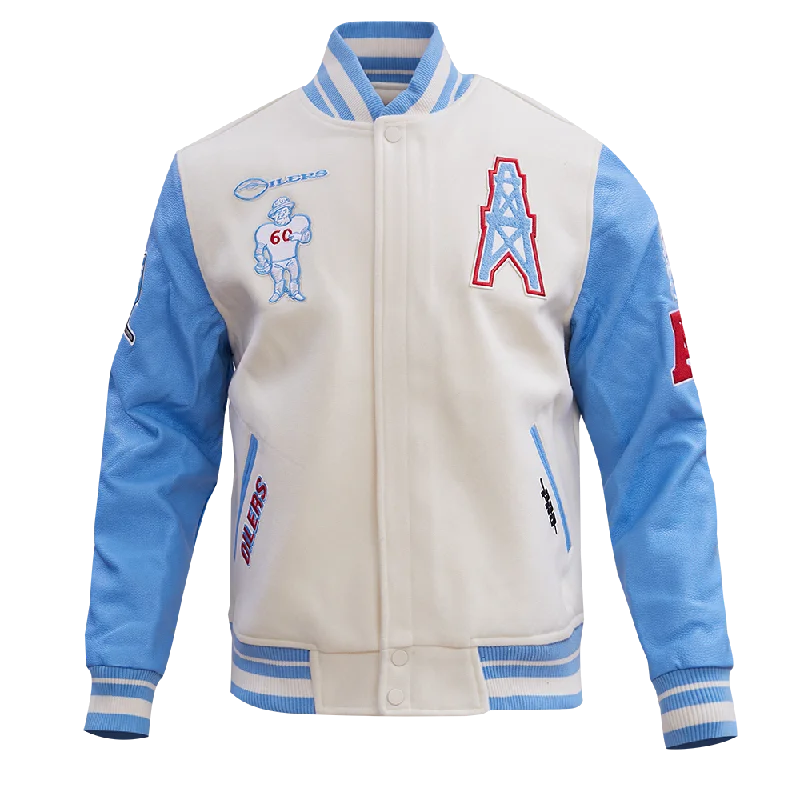 NFL HOUSTON OILERS RETRO CLASSIC MEN'S RIB WOOL VARSITY JACKET (EGGSHELL/ UNIVERSITY BLUE)