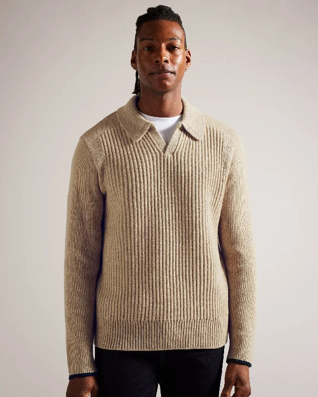 Price Smash Ademy Ribbed Knit Polo Neck Jumper Taupe