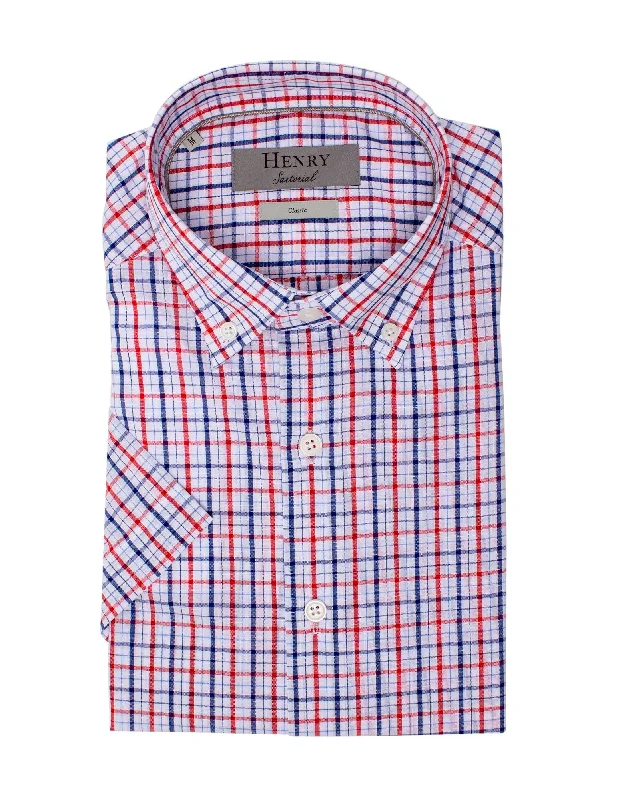 Special Savings HENRY SARTORIAL Casual Check Shirt WHITE/NAVY/RED