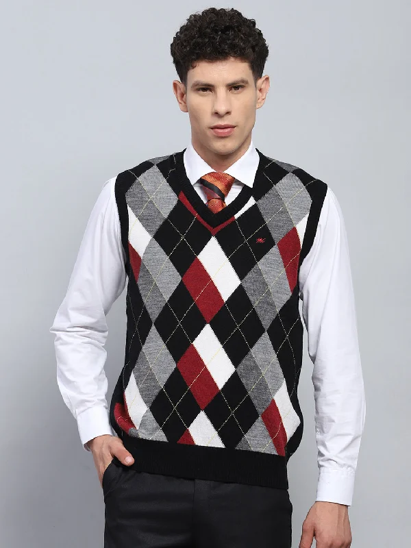 Can't Miss Men Black Self Design V Neck Sleeveless Sweater