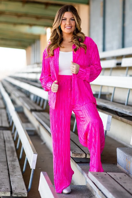 Weekend Offers That Thrill Hot Pink Crystal Pleat Top and Pants Set