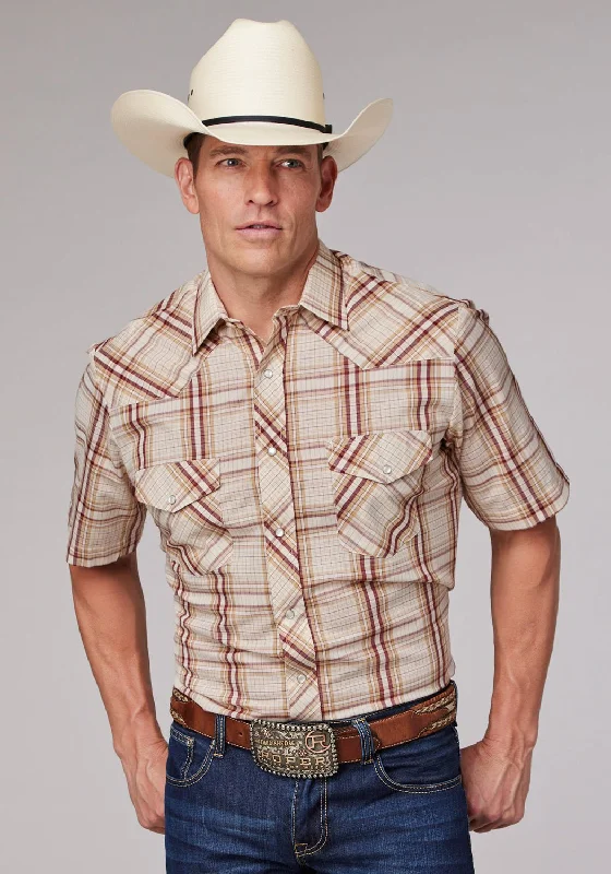 Sneak Peek Sale Roper Mens 2063 Plaid Tan/Cream Cotton Blend S/S Shirt