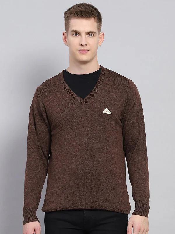Closeout Sale Men Brown Solid V Neck Full Sleeve Pullover