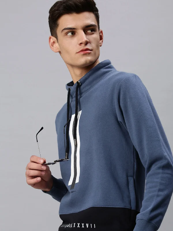 Men Hooded Solid Blue Sweatshirt