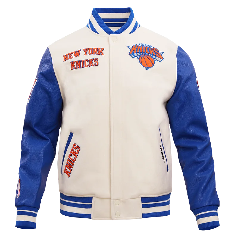 Lowest Prices NBA NEW YORK KNICKS RETRO CLASSIC MEN'S RIB WOOL VARSITY JACKET (EGGSHELL/ ROYAL BLUE)