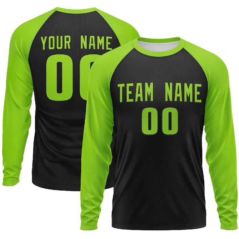 Custom Black Neon Green Crew Neck Raglan Long Sleeve Performance T-Shirt