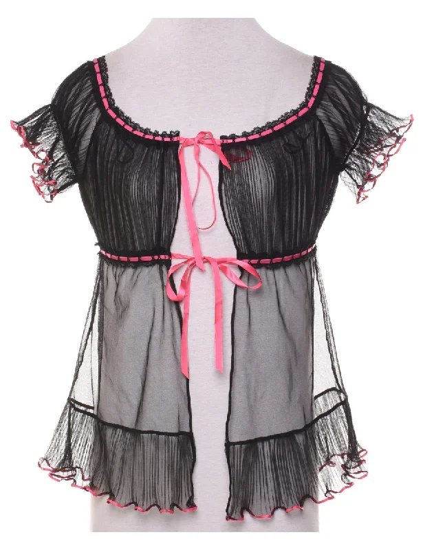 Daily Specials Black & Pink Sheer Effect Lace Bow Detail Babydoll - M
