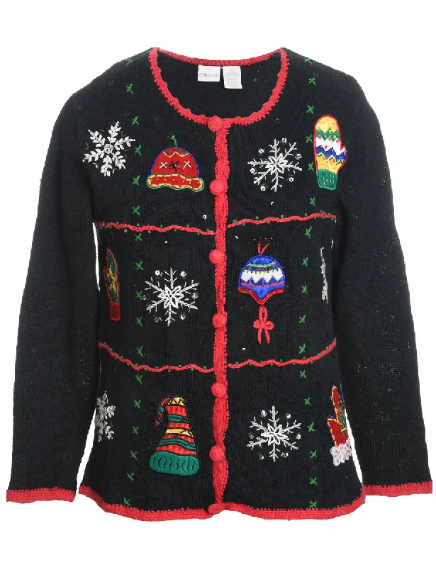 Closeout Black Embroidered Button-Front Christmas Cardigan  - S