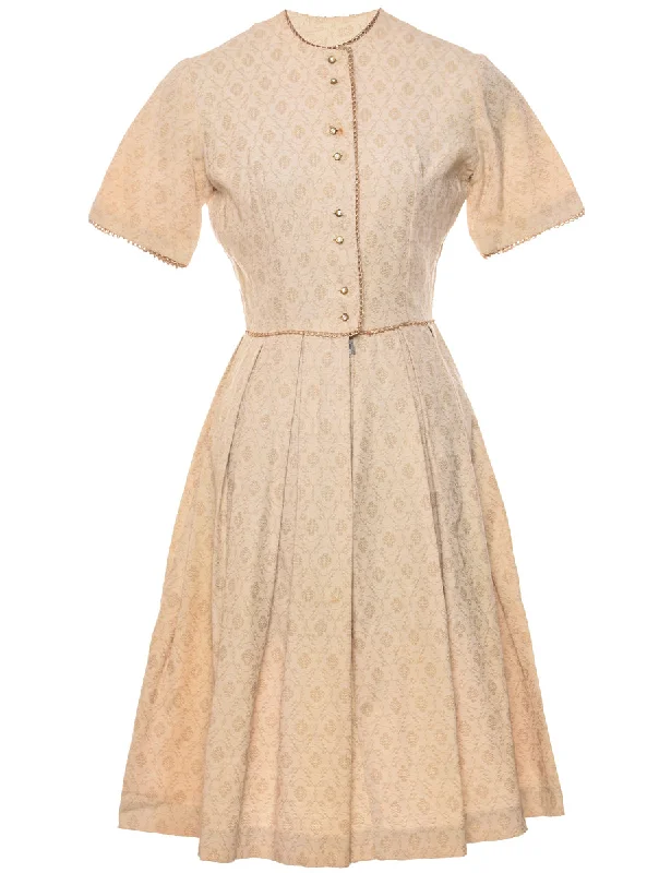 Sale Event Beige & Gold Sparkly Button-Front 1950s Pleated Dress - M