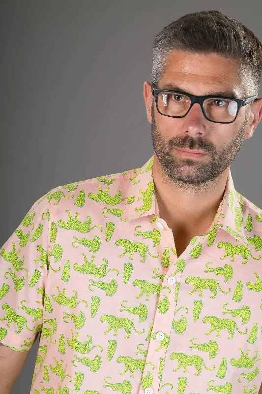 Buy Now Pink Yellow Leopard Print Cotton Slim Fit Mens Shirt Short Sleeve
