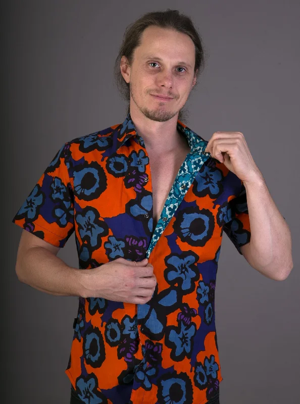 Inventory Reduction Orange Floral Blue Geometric Print Cotton Slim Fit Mens Shirt Short Sleeve