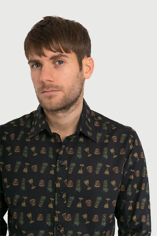 Epic Deals Drinks Cocktails Print Cotton Slim-Fit Mens Long-Sleeve Shirt