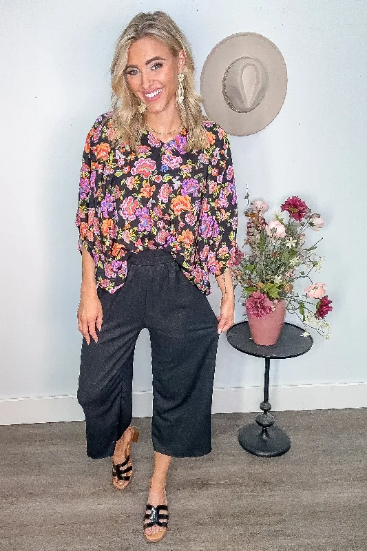 Price Rollback Black Casual Crepe Texture Crop Pants