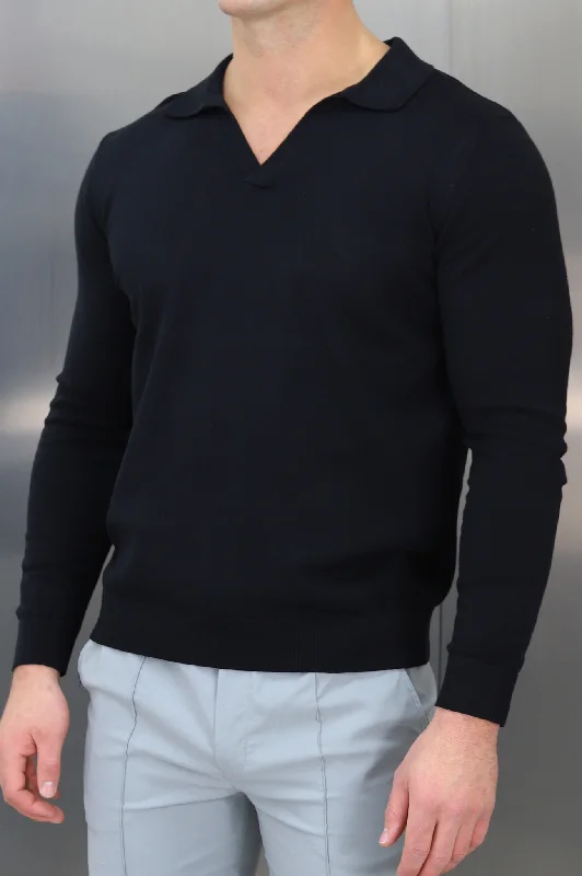 Final Clearance Capo Egyptian Cotton Cuban Collar LS Polo Shirt - Black