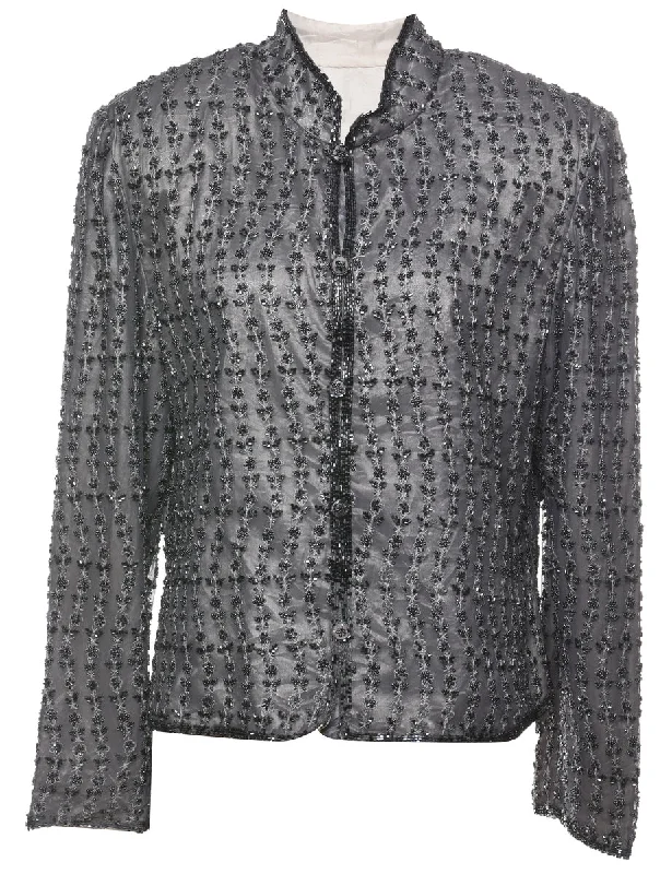 Weekend Offers That Thrill Beaded Grey Floral Evening Jacket - L
