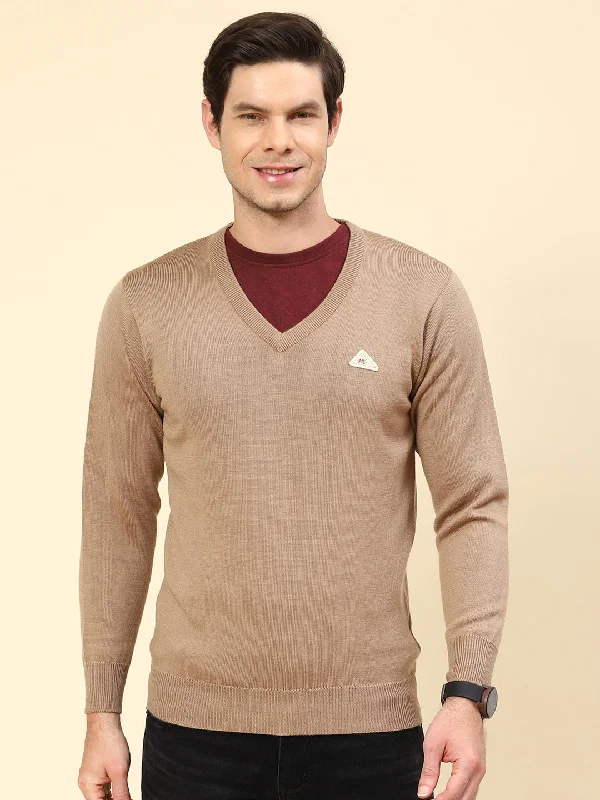Weekend Discounts to Delight Men Khaki Solid V Neck Full Sleeve Pullover