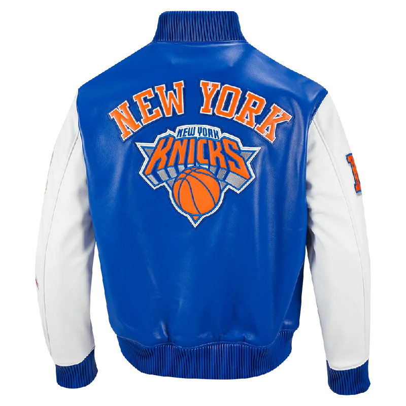 NBA NEW YORK KNICKS CITY SIGNATURE MEN'S LEATHER VARSITY JACKET (ROYAL BLUE/WHITE)