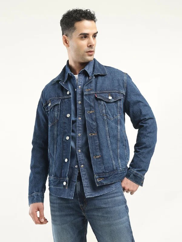 Men's Solid Dark Blue Spread Collar Jacket