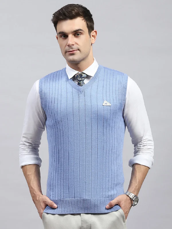 Special Promotion Men Sky Blue Solid V Neck Sleeveless Sweater