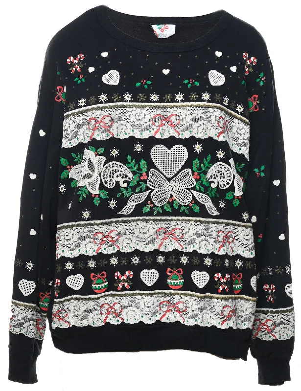 Weekend Deals That Dazzle Black Christmas Patterned Sweatshirt - L