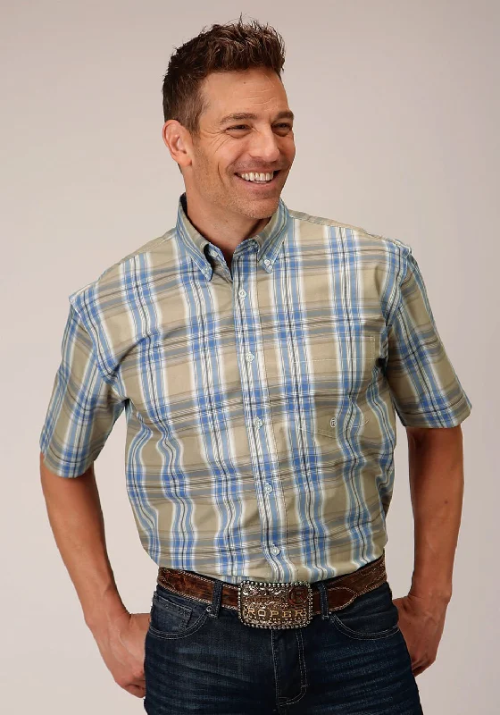 Savings Bonanza Roper Mens 1552 Sandy Plaid Tan 100% Cotton 1 Pkt S/S Shirt
