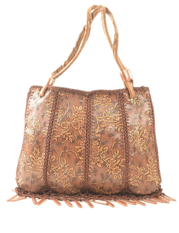 Brown Floral Design Fringed Leather Handbag - S