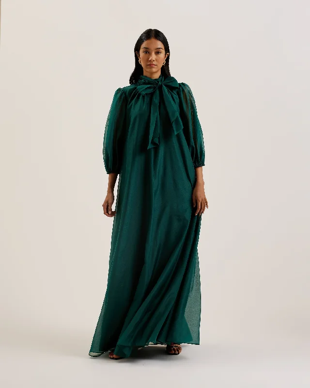 Instant Savings Adaifi Sheer Organza Tie Neck Maxi Dress Dk-Green