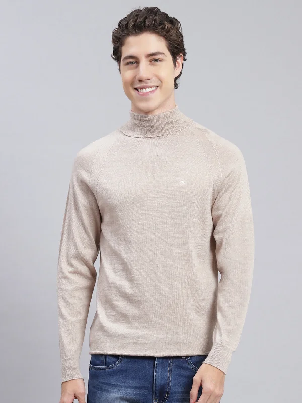 New Deal Men Beige Solid Pure wool Pullover