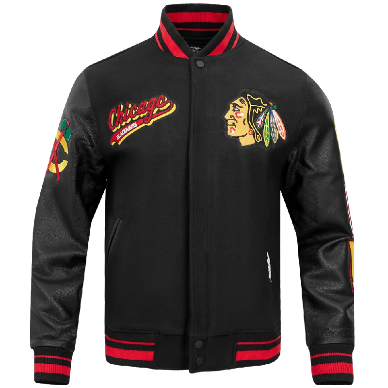Exclusive Access NHL CHICAGO BLACKHAWKS SCRIPT TAIL MEN'S RIB WOOL VARSITY JACKET (BLACK/RED/BLACK) Exclusive Access NHL CHICAGO BLACKHAWKS SCRIPT TAIL MEN'S RIB WOOL VARSITY JACKET (BLACK/RED/BLACK)
