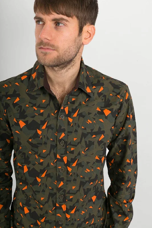 Seasonal Sale Green Orange Camouflage Military Print Cotton Mens Shirt