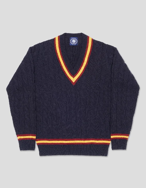 Weekend Special MERINO WOOL CRICKET CABLE V-NECK SWEATER - NAVY