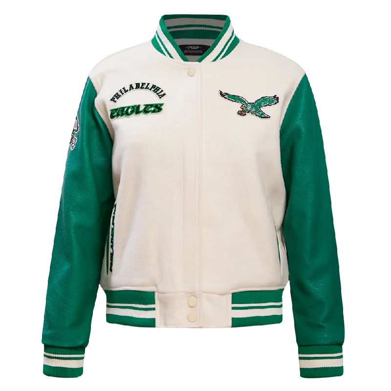 Limited Time Discount NFL PHILADELPHIA EAGLES RETRO CLASSIC WOMEN'S RIB WOOL VARSITY JACKET (EGGSHELL/ KELLY GREEN) Limited Time Discount NFL PHILADELPHIA EAGLES RETRO CLASSIC WOMEN'S RIB WOOL VARSITY JACKET (EGGSHELL/ KELLY GREEN)