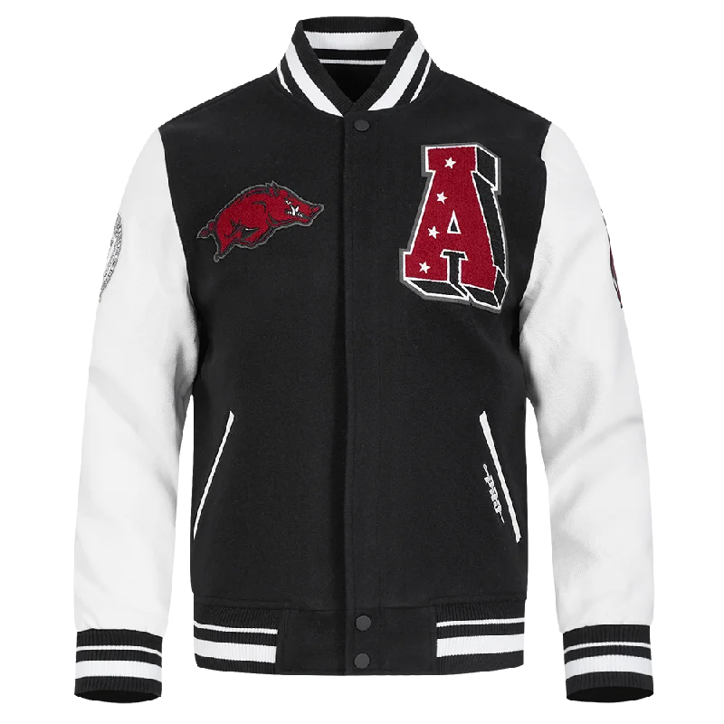 Clearance Event NCAA UNIVERSITY OF ARKANSAS CLASSIC MEN'S RIB WOOL VARSITY JACKET (BLACK/WHITE) Clearance Event NCAA UNIVERSITY OF ARKANSAS CLASSIC MEN'S RIB WOOL VARSITY JACKET (BLACK/WHITE)