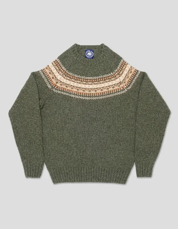 Hurry In SHETLAND WOOL FAIR ISLE CREW NECK SWEATER - GREEN