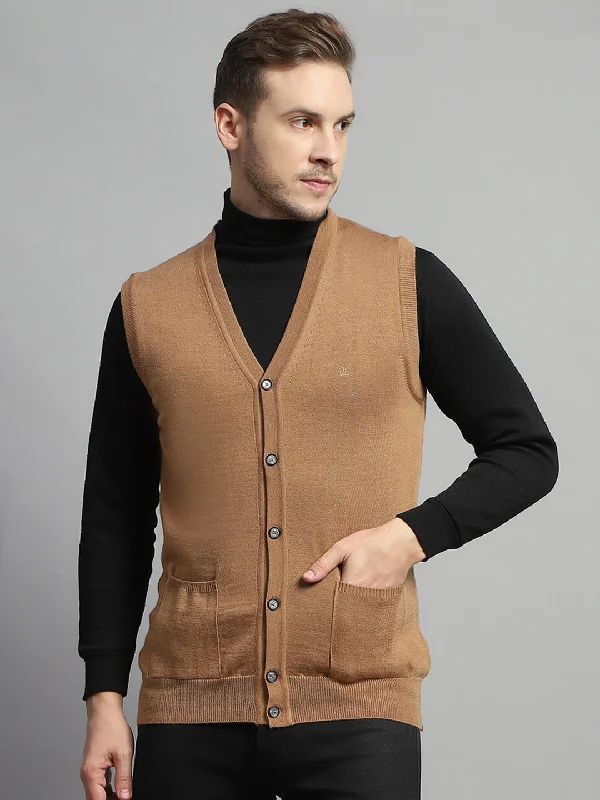 Exclusive Offers Men Beige Solid V Neck Sleeveless Cardigan