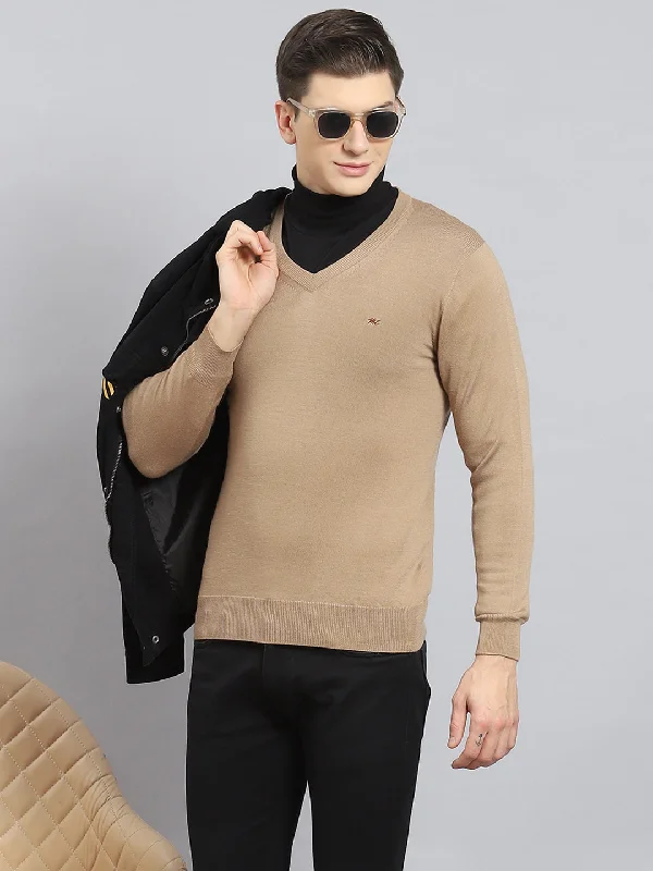 Weekend Specials to Indulge In Men Khaki Solid V Neck Full Sleeve Pullover