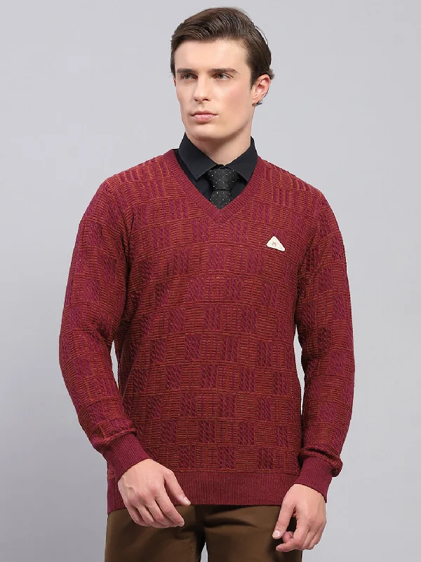 Men Maroon Self Design V Neck Full Sleeve Pullover