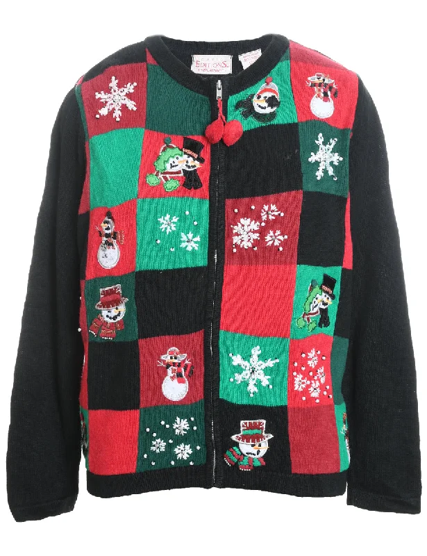 Black, Red & Green Snowman Knit Christmas Cardigan  - M