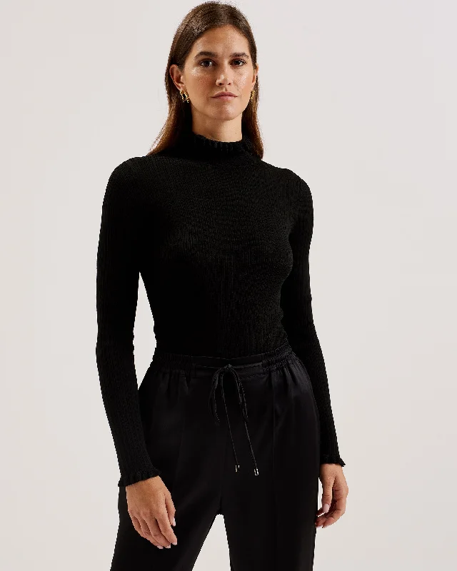 Deal Dash Janittt Rib Funnel Neck Frill Jumper Black