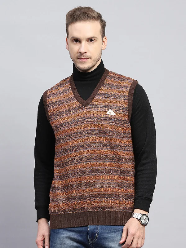 Men Brown Self Design V Neck Sleeveless Sweater