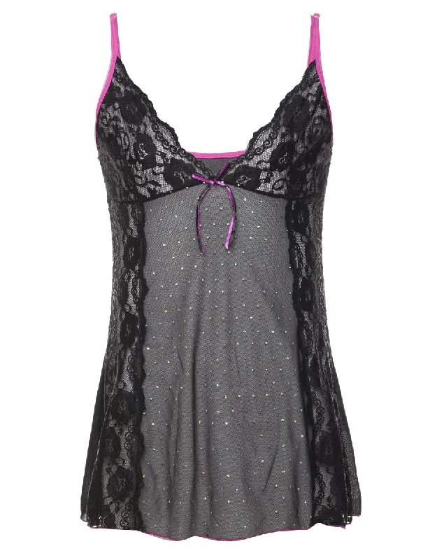 Don't Miss Black & Purple Sheer 1990s Lace Babydoll - XS