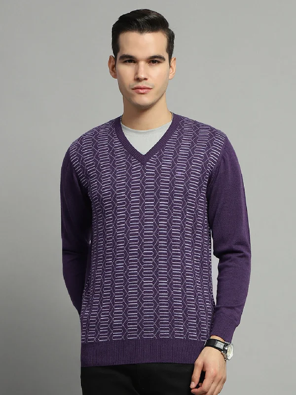 Top Pick Men Purple Self Design V Neck Full Sleeve Pullover