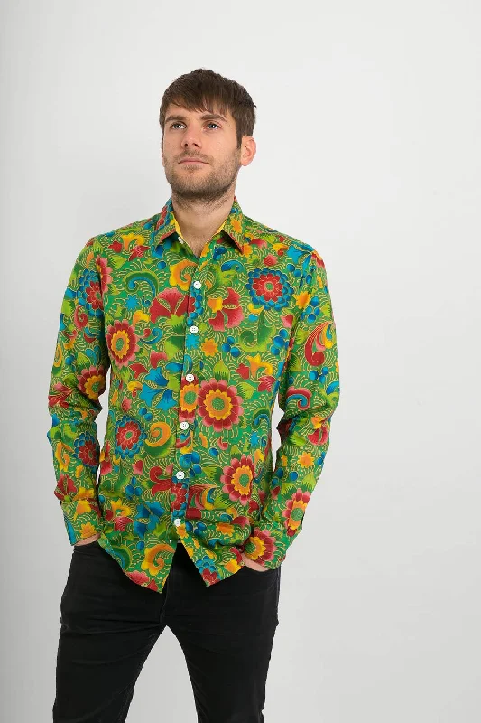 Low Prices Green Multi Coloured Floral Print Cotton Slim Fit Mens Shirt Long Sleeve