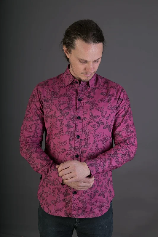 Bargain Prices Purple Butterfly Print Cotton Slim Fit Mens Shirt Long Sleeve