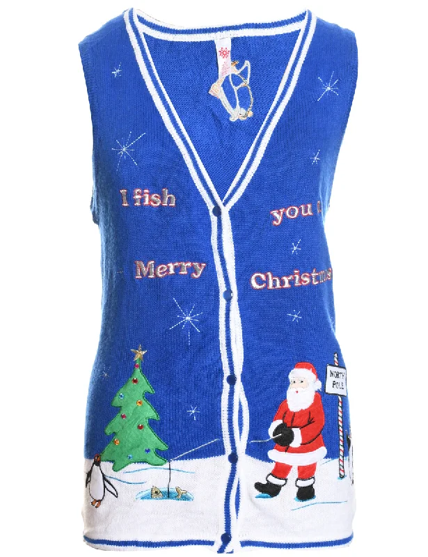 Blue Knit Santa Claus Design Knit Vest - M