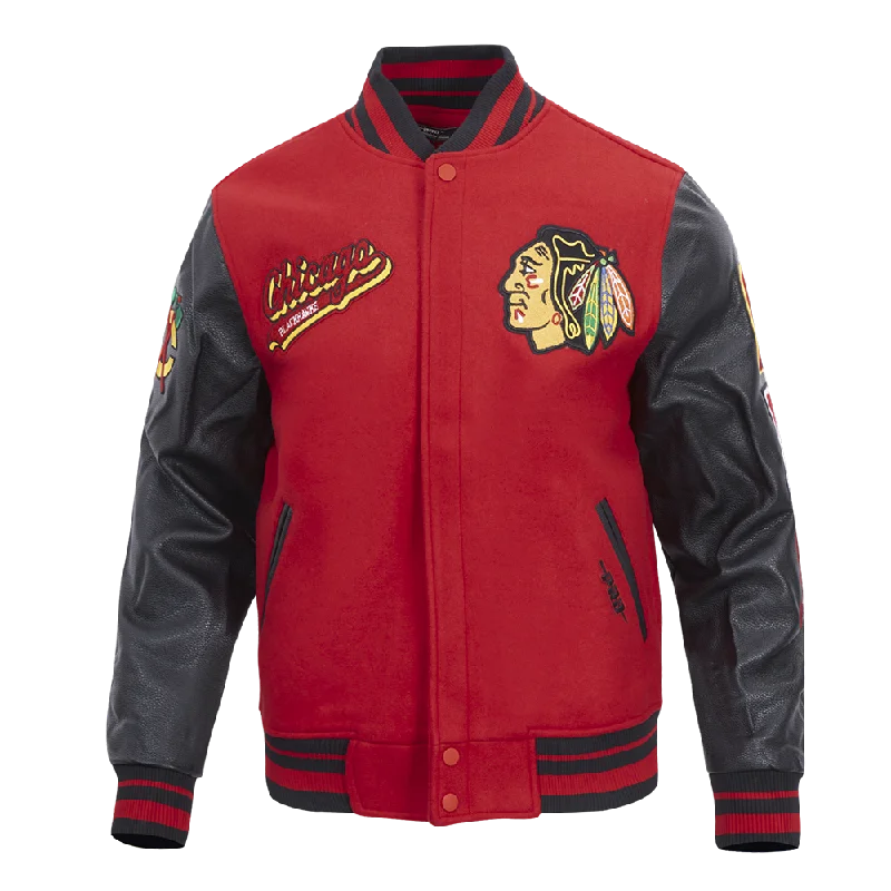 NHL CHICAGO BLACKHAWKS SCRIPT TAIL MEN'S RIB WOOL VARSITY JACKET (RED/BLACK)