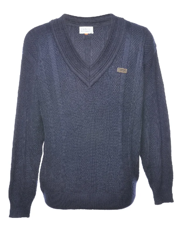 Cable Knit Navy V-Neck Jumper - L