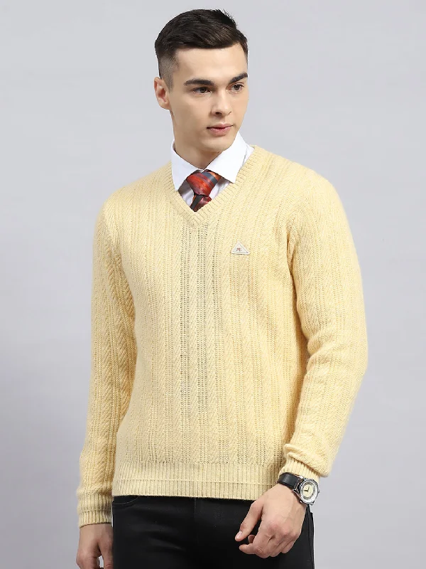 Men Beige Self Design V Neck Full Sleeve Pullover